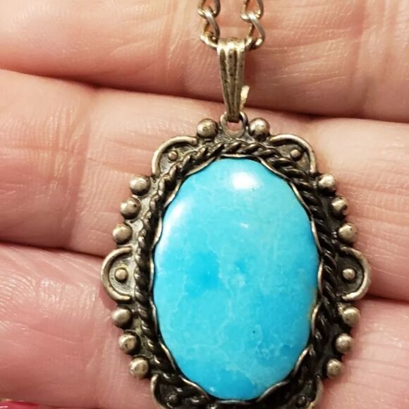Sterling Silver Necklace Vintage With Turquoise 20" Long Pendant 1.43" - Picture 3 of 6